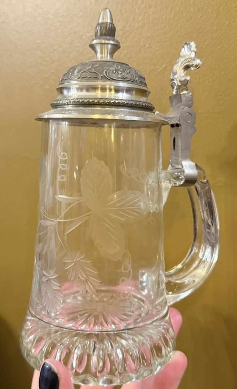 Vtg 90s Rastal Etched Glass Beer Stein Pewter Lid Hop Barley Ribbed Base German